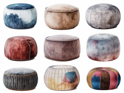 Set of pouf watercolor illustration. AI generated