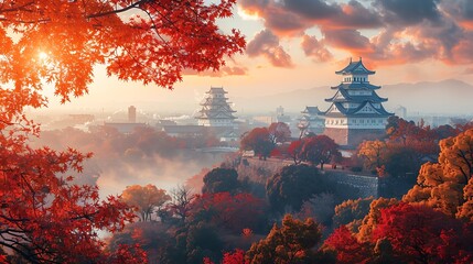 A picturesque scene of Himeji Castle in autumn, colorful foliage in shades of red, orange, and yellow, the castle bathed in warm sunlight, tranquil park setting, high detail, hd quality, natural look.