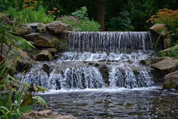 Obraz premium A serene waterfall cascading over rocks, surrounded by lush greenery, creating a peaceful environment for relaxation and nature appreciation.