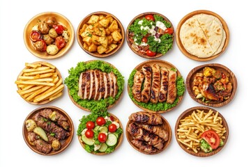 Set of various plates of food, top view, isolated on white background. Grilled chicken with vegetables, with generative ai