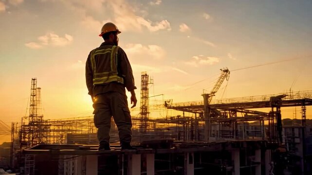 A construction worker, perched high on the structure of a new building at the sunset. His stance reflects the tenacity and commitment that define the construction field. Generative AI