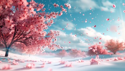 Pink Sakura Tree in Bloom with Falling Petals