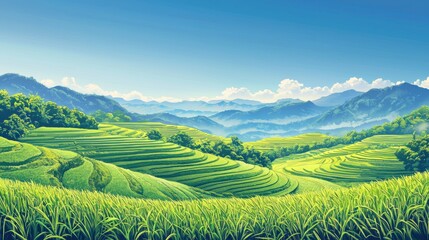 Fototapeta premium A breathtaking view of lush green rice terraces under a clear blue sky, surrounded by majestic mountains in a serene landscape.