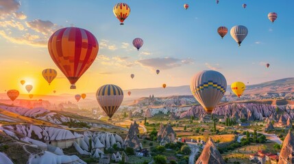 Obraz premium Vibrant hot air balloons soar over breathtaking landscapes at sunrise, showcasing adventure and natural beauty in Cappadocia.