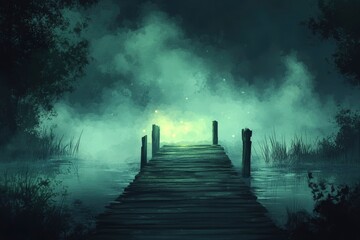 Fototapeta premium A Mystical Wooden Dock Extending into Foggy Waters