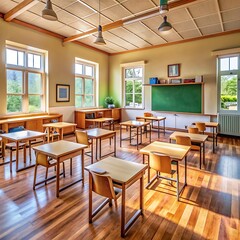 Fototapeta premium School classroom with desks chair wood, and blackboard in high school thailand, vintage tone education concept 