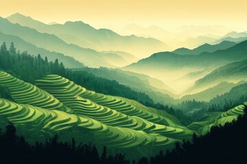 Obraz premium A serene mountain landscape featuring lush green terraces under a soft golden light, perfect for nature and travel themes.