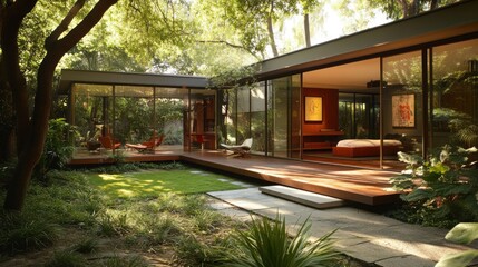 Modern Glass House with Lush Greenery and a Wooden Deck