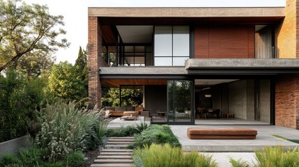 Modern Brick House with Patio and Green Landscaping