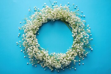 Obraz premium Delicate white Gypsophila flowers form a circular wreath on a bright blue background, highlighting the airy, feathery texture and subtle beauty of this classic filler bloom.