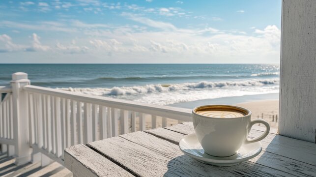 Serene Morning Bliss: Latte Enjoyed on Porch Overlooking Peaceful Beach with Gentle Waves in the Distance