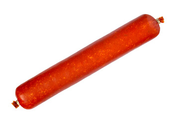 Whole smoked salami sausage isolated on a white background. Close-up of sausage.