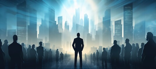 A confident leader stands in the center of an urban landscape, with silhouettes of people around them symbolizing their support and diversity