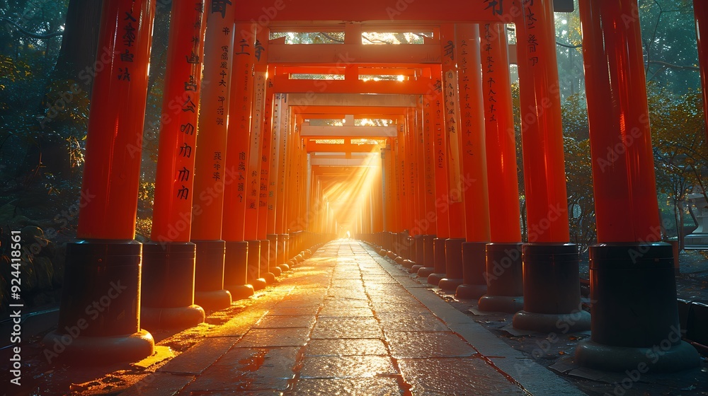 Sticker A stunning view of Fushimi Inari Shrine in Kyoto, endless red torii gates creating a tunnel effect, gentle morning light illuminating the scene, peaceful and tranquil ambiance, rich details,