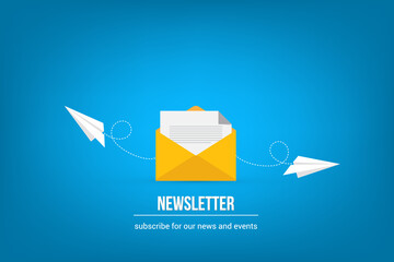 Newsletter. Illustration of email marketing. subscription to newsletter, news, offers, promotions. a letter and envelope. subscribe, submit. send by mail.	