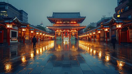 Obraz premium A stunning view of Senso-ji Temple at night, lanterns casting a warm glow, bustling festival atmosphere, traditional architecture illuminated by soft light, detailed textures, rich cultural ambiance,