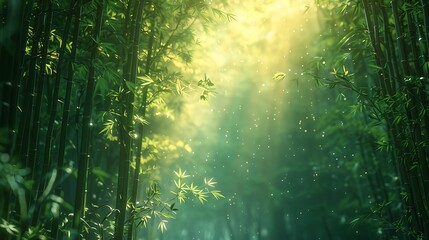 Obraz premium A tranquil image of Arashiyama Bamboo Grove, sunlight filtering through the tall bamboo stalks, creating a peaceful and serene atmosphere, soft green hues, detailed textures, hd quality, natural look.