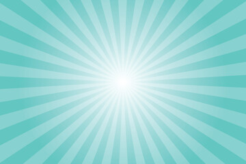 Blue sun ray vector background. Radial beam sunrise or sunset light retro design illustration. Turquoise blue sunburst glowing background.