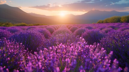 Fototapeta premium A tranquil scene of Furano’s lavender fields in full bloom, rows of vibrant purple flowers under a clear sky, soft morning light creating a peaceful ambiance, rich details, hd quality, natural look.