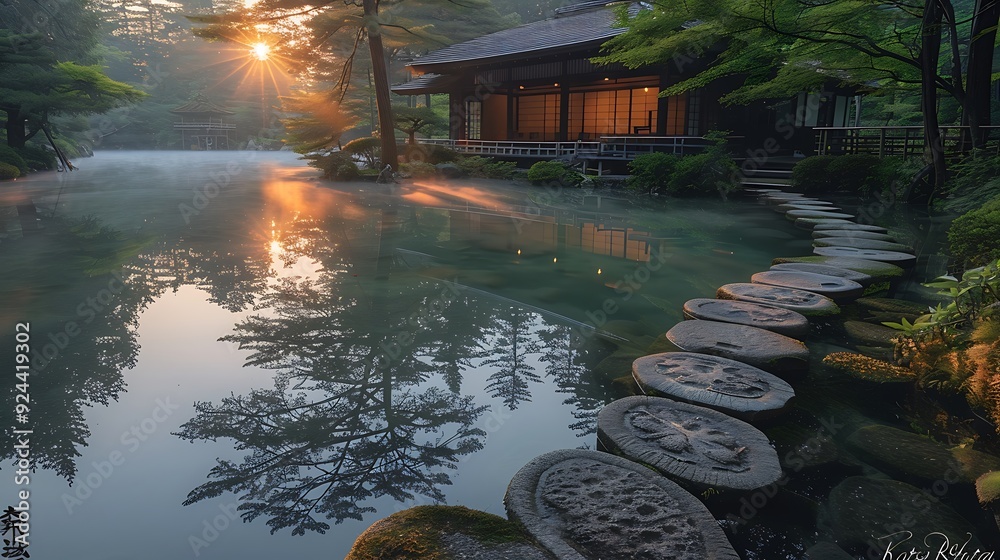 Wall mural A tranquil scene of Kenrokuen Garden in Kanazawa, tranquil pond surrounded by lush greenery and traditional stone paths, warm evening light creating a serene ambiance, rich details, hd quality,