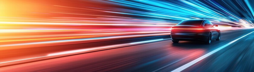 A sleek car speeding through a vibrant light trail, showcasing motion, energy, and dynamic urban speed.