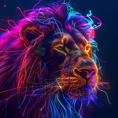 Fototapeta premium Majestic Digital Lion with Glowing Neon Fibers Striking Futuristic Wallpaper