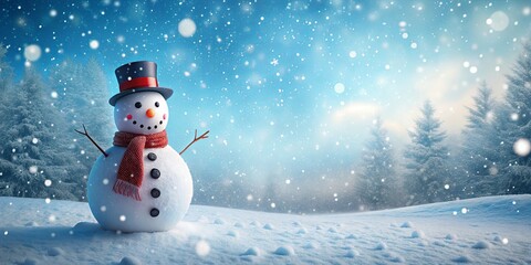 Fototapeta premium Snowman standing in a wintry landscape with falling snowflakes