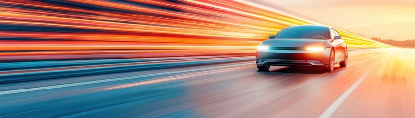 A sleek car speeds down a dynamic road, capturing the thrill of motion with vibrant colors and dramatic light trails.