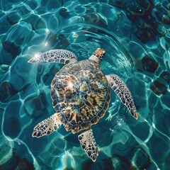 Obraz premium A sea turtle gracefully navigating the turquoise waters of Island.The unique shell patterns of the turtle are visible as it glides through the ocean,surrounded by