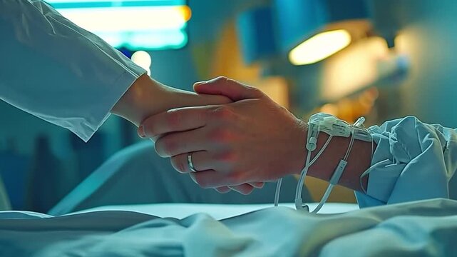 A female doctor touches the hospital bed of a sick guy. critical care unit. Signs of providing patients in critical condition with basic human care