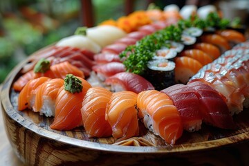 A platter of assorted sushi, including nigiri, maki, and sashimi, arranged on a wooden platter.