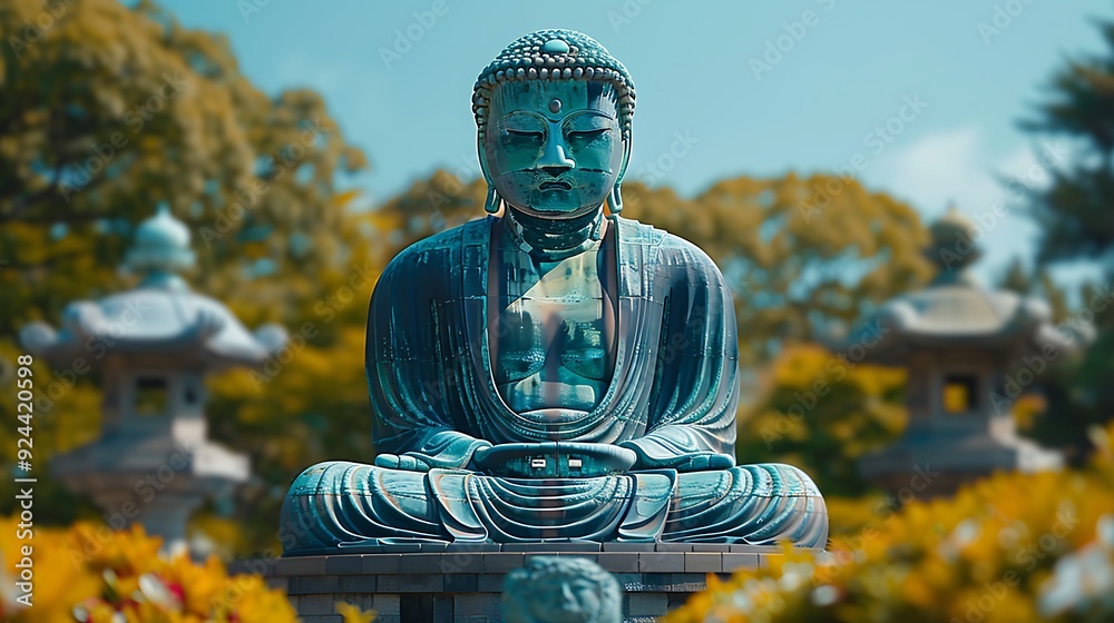 Poster A vibrant view of the Great Buddha of Kamakura, lush greenery framing the statue, soft morning light casting gentle shadows, serene and tranquil setting, vivid colors, hd quality, natural look.