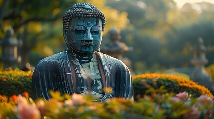 A vibrant view of the Great Buddha of Kamakura, lush greenery framing the statue, soft morning light casting gentle shadows, serene and tranquil setting, vivid colors, hd quality, natural look.