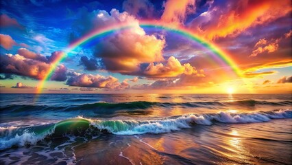 Vibrant rainbow seascape with colorful sky and ocean waves