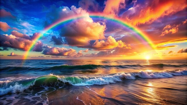 Vibrant rainbow seascape with colorful sky and ocean waves