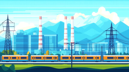 Obraz premium A vibrant illustration featuring a train traveling through a scenic landscape, framed by mountains and industrial structures.