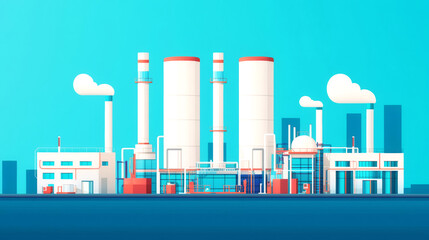 Obraz premium A vibrant illustration of a modern industrial plant with smokestacks and a clear blue sky, showcasing innovation and technology.