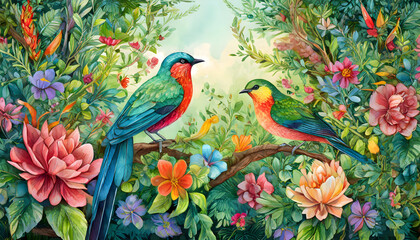 Naklejka premium an ornate, nature-themed frame featuring a variety of colorful birds perched among vivid flowers and dense green foliage. The composition should be detailed and rich, perfect for a nature-inspired des