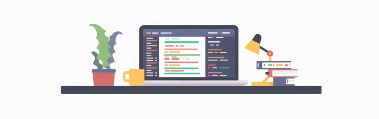 Modern Workspace with Laptop and Code: A Minimalist Illustration