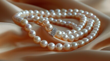 A classic pearl necklace with a delicate clasp, resting on a soft, silky fabric.  The pearls gleam with a subtle iridescent sheen.