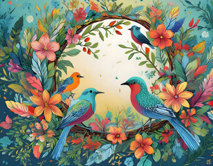 Fototapeta premium a vibrant, circular floral frame surrounded by colorful birds and detailed foliage, capturing the lively essence of a thriving garden. This frame should be suitable for use in nature-themed designs.