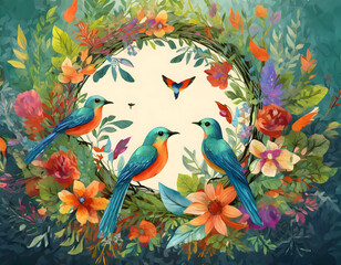 bird and flowers.a vibrant, circular floral frame surrounded by colorful birds and detailed foliage, capturing the lively essence of a thriving garden. This frame should be suitable for use in nature-