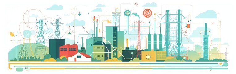 Naklejka premium Modern Industrial Landscape: Abstract Cityscape with Power Lines and Buildings