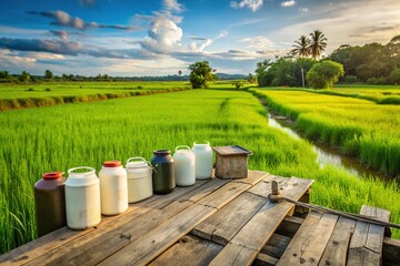 Discarded insecticide containers litter a weathered wooden plank amidst lush green tropical rice fields, highlighting the environmental impact of farming practices in a rural setting.