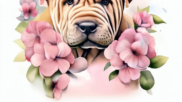 Cute Shar Pei puppy surrounded by pink flowers in a colorful floral backdrop