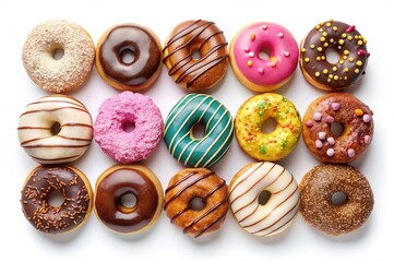 Top view of Assortment of donut, isolated on white background.