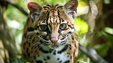Obraz premium An inquisitive ocelot in its natural habitat up close