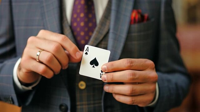 He pulls an ace card out of his jacket pocket, man suit. exclusive gain and benefit. Method or deceitful manoeuvre. 