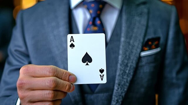 He pulls an ace card out of his jacket pocket, man suit. exclusive gain and benefit. Method or deceitful manoeuvre. 