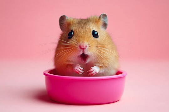A cute hamster with an expressive face sits in a pink bowl against a vibrant pink background, perfect for pet care advertisements, animal-themed social media content, and playful graphic designs,